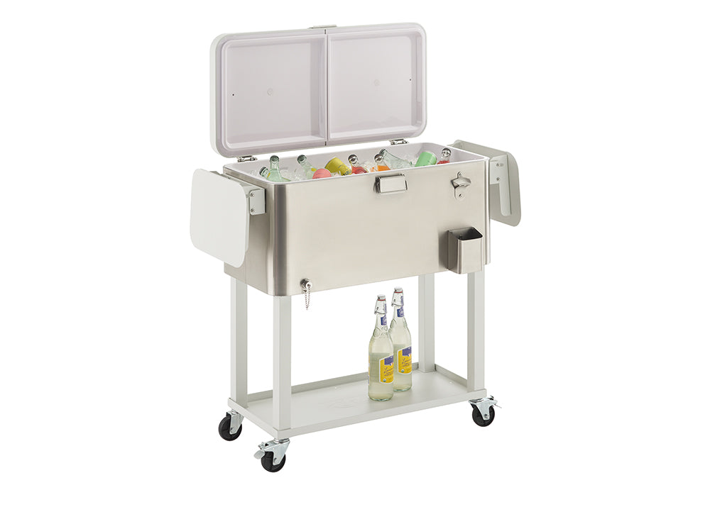 A large, rectangular stainless steel cooler with a white frame and wheels is shown, with its hinged lid open to reveal various bottled drinks on ice. The cooler features side tables, a bottle opener, and a lower shelf where two additional bottles rest.