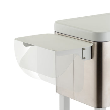 A close-up shot of a white pull-out shelf attached to the side of a stainless steel cart. The shelf, which is partially transparent and has rounded corners, extends horizontally from the cart.