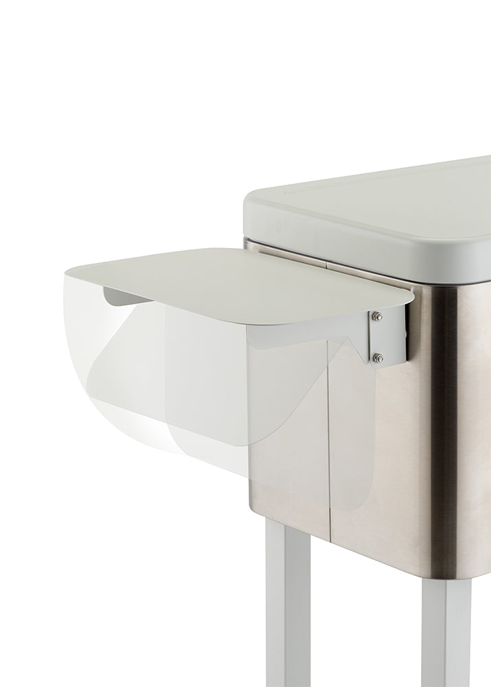 A close-up shot of a white pull-out shelf attached to the side of a stainless steel cart. The shelf, which is partially transparent and has rounded corners, extends horizontally from the cart.