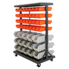 A Trinity dual sided bin rack with wheels and with 64 small orange bins and 30 regular size medium gray bins.