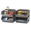 Four stacked gray plastic storage bins, arranged in two columns of two. The bins contain various items and have white labels indicating their contents, such as "GLUE," "ADAPTERS," "TAPE," "CLOTHS," "SANDPAPER," "BLOCKS," and "ROPE."