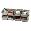 Set of 8 medium size gray bins filled with different arts and craft materials against a white background.