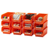 Twelve small stackable orange bins with labels indicating their contents. There are nuts and bolts, screws, and like.