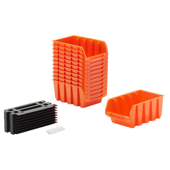 A stack of1 2 small orange bins, 8 wall mount rails, and 12 white labeler on a white background.