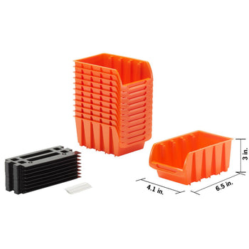 A stack of1 2 small orange bins, 8 wall mount rails, and 12 white labeler. One bin separated measures 4.1 inches wide by 6.5 inches deep by 3 inches in height.