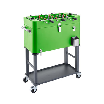 A green, 80 quart steel foosball cooler with wheels is shown against a white background. The cooler also features a bottle opener and a catch bin on one side.