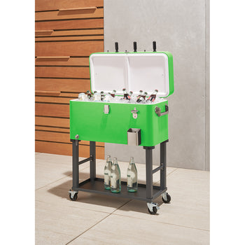 A bright green 80-quart cooler on a dark gray wheeled stand is open, revealing bottles and ice inside. The cooler has a white interior, a bottle opener on the side, and three black handles on the lid.