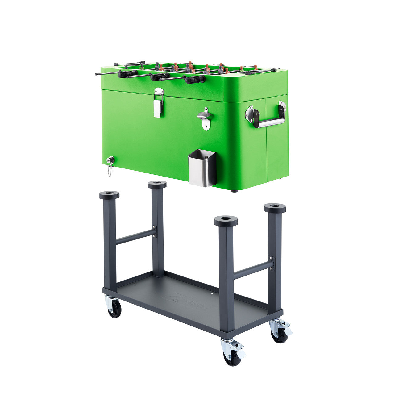 A bright green 80-quart cooler with a foosball game on top is shown above a gray metal stand with wheels. The cooler has handles on the sides, a bottle opener, and a bottle cap catcher. The cooler tub is detachable from the steel frame assembly.