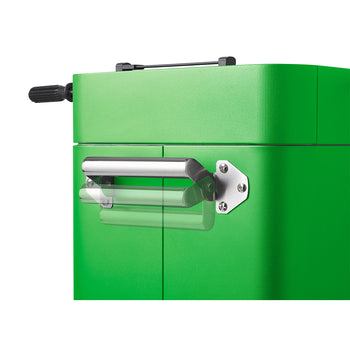 A close-up view of a green Trinity 80 Quart Foosball Cooler, focusing on the handle and texture. The cooler has a metallic handle attached to the green exterior.