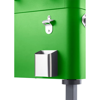A close-up shows the bright green exterior of a Trinity 80 Quart Foosball Cooler. Visible details include a mounted silver bottle opener and a matching silver trash receptacle.