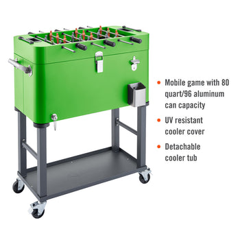 A green cooler on wheels features a foosball game on its lid with red and orange players and black handles. Text to the right describes it as a mobile game with an 80-quart capacity for 96 aluminum cans, a UV-resistant cooler cover, and a detachable cooler tub.