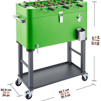 A vibrant green foosball table sits atop a wheeled cooler with a lower shelf, presented against a white background. The cooler includes a bottle opener and a small bucket on its side, and dimensions of the entire unit are displayed, showing a height of 97 cm (38.2 in) and a width of 89.7 cm (35.3 in).
