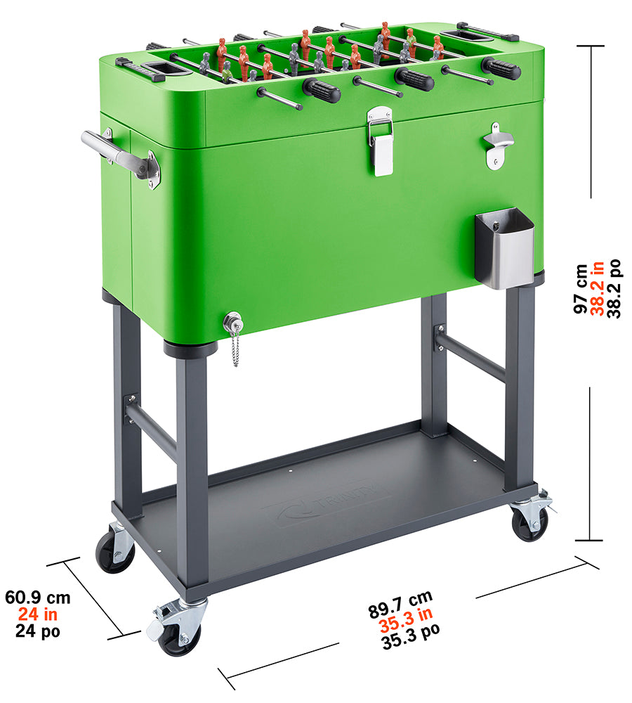 A vibrant green foosball table sits atop a wheeled cooler with a lower shelf, presented against a white background. The cooler includes a bottle opener and a small bucket on its side, and dimensions of the entire unit are displayed, showing a height of 97 cm (38.2 in) and a width of 89.7 cm (35.3 in).