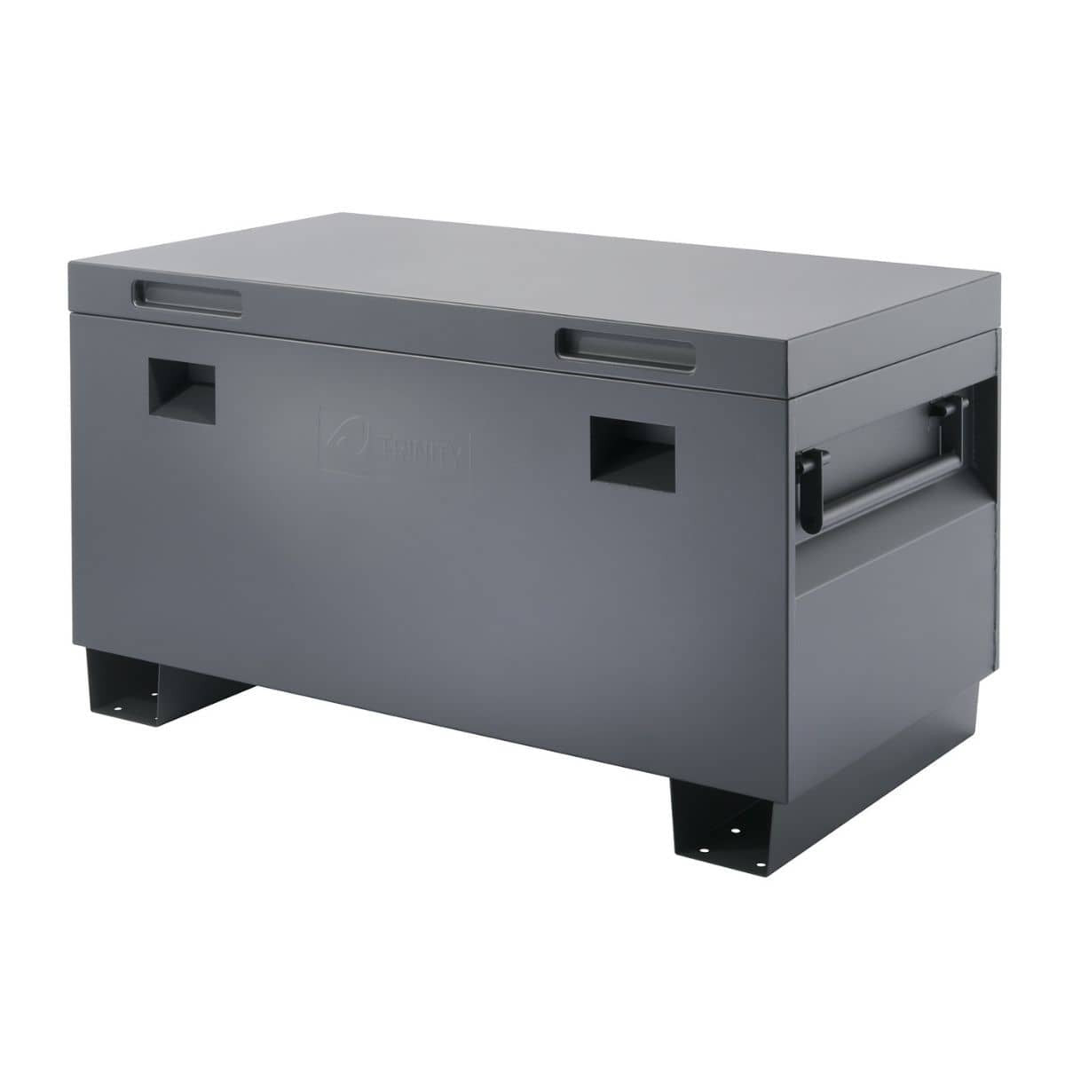 A gray, rectangular Trinity job site box with a hinged lid sits on a white background. The box has handles on the sides and the word "TRINITY" subtly printed on the front.