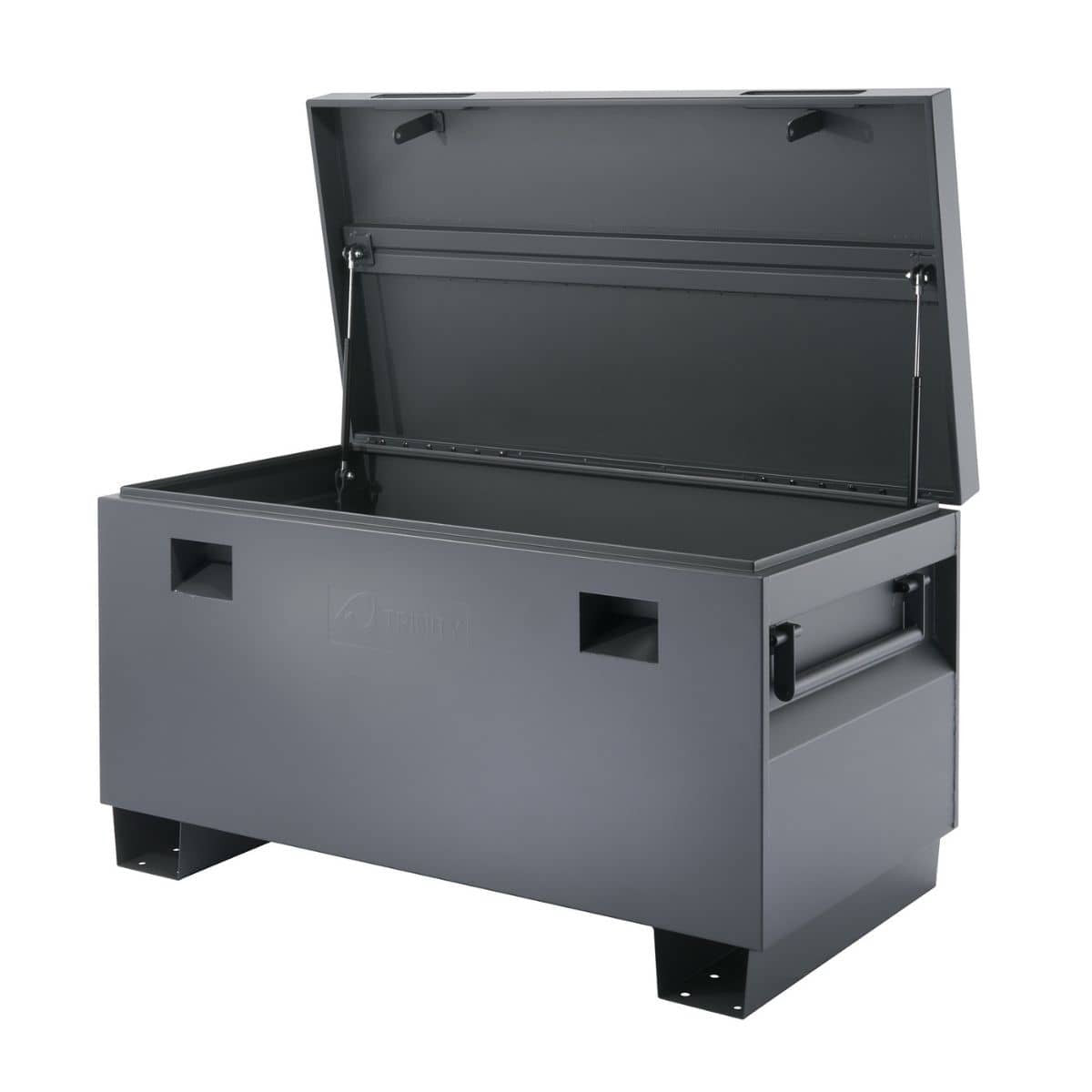 A dark gray, rectangular job site box with an open lid is shown against a white background. The box has handles on the sides and rests on short, sturdy legs.