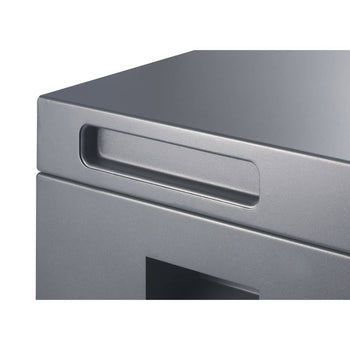 A close-up shot shows the top corner of a metallic gray storage box, featuring a recessed rectangular handle on its side. The texture of the metal appears slightly rough or matte.