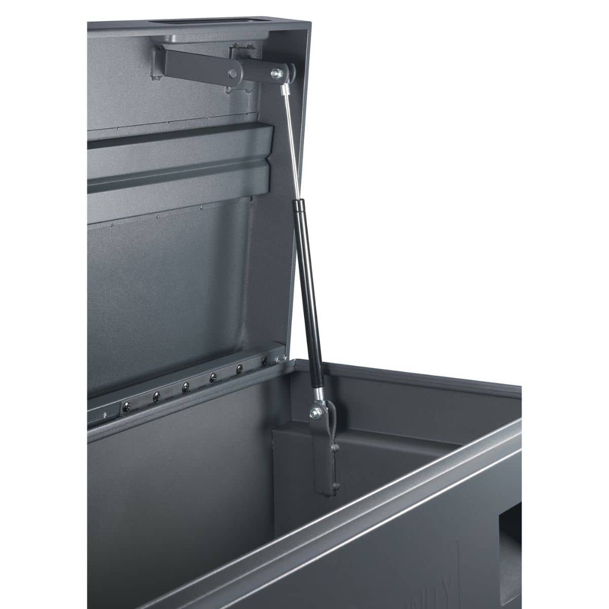 A close-up shot shows the interior of a gray metal job site box with its lid partially open showing 1 of the 2 pre-installed air cylinder.