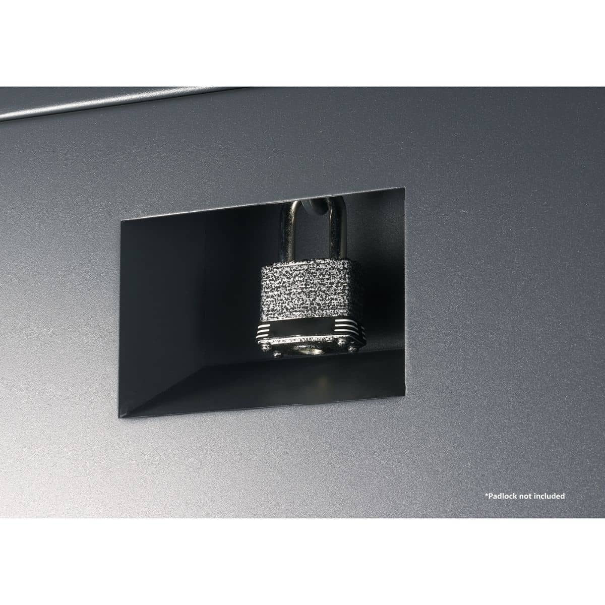 A close-up shot shows a rectangular opening in a smooth, matte gray surface. Inside the opening, the same gray material forms a small, recessed compartment or channel showing a tamper-proof locking system, with padlock.