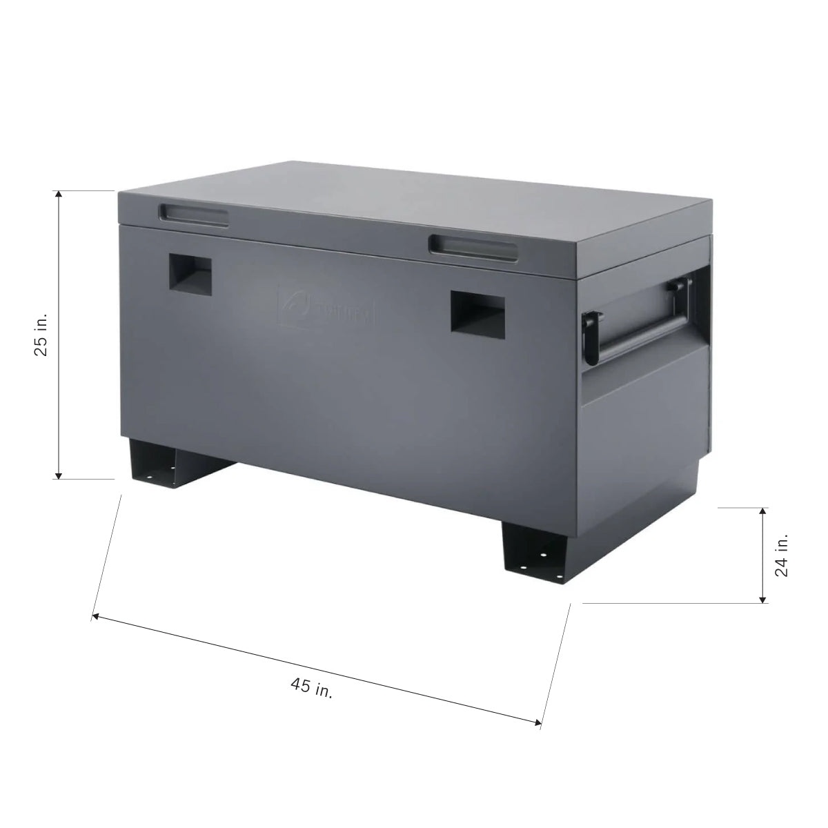 A dark gray, rectangular toolbox with a lid and two handles on the sides. The image includes dimensions: 25 inches high, 45 inches long, and 24 inches wide.