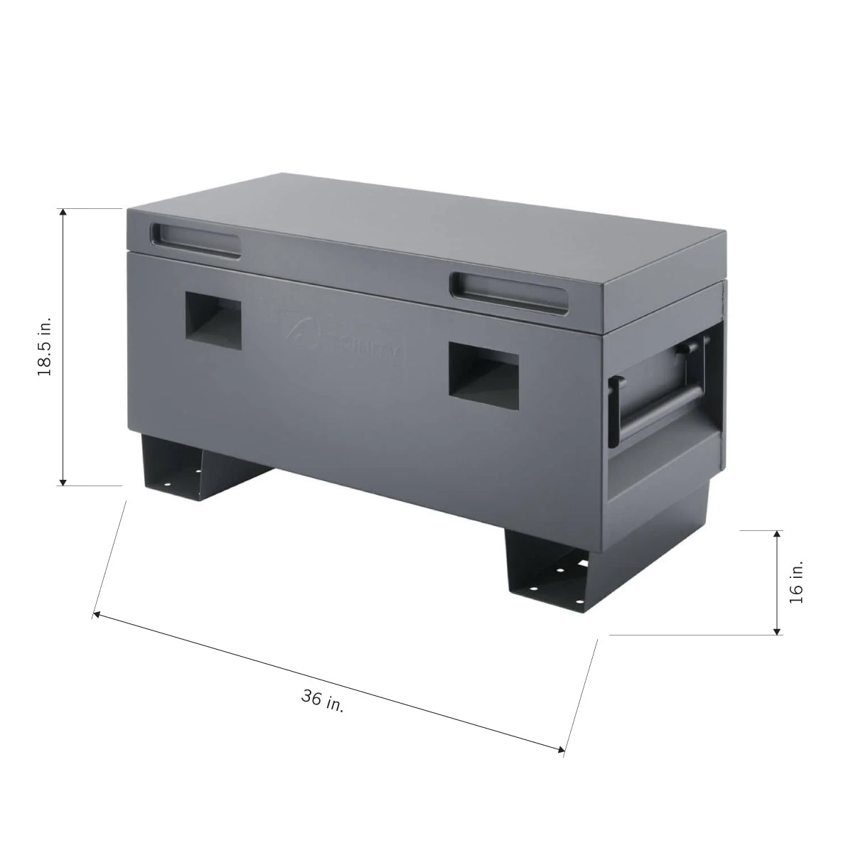 A detailed product shot of a Century series matte gray aluminum utility box. The image includes dimensions: 36 inches in length, 18.5 inches in height, and the mounting stand is 16 inches high.