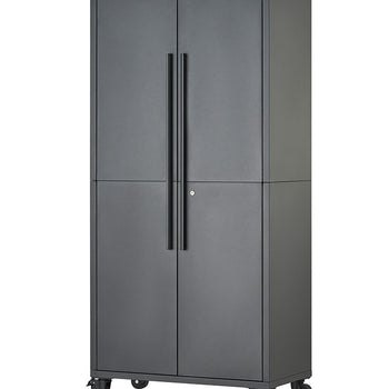 A closed dark gray steel storage cabinet featuring long vertical handles and a lock mechanism stands isolated on a solid white background. Mounted on four smooth-rolling caster wheels, the heavy-duty cabinet offers sleek, mobile storage for home or workshop space.