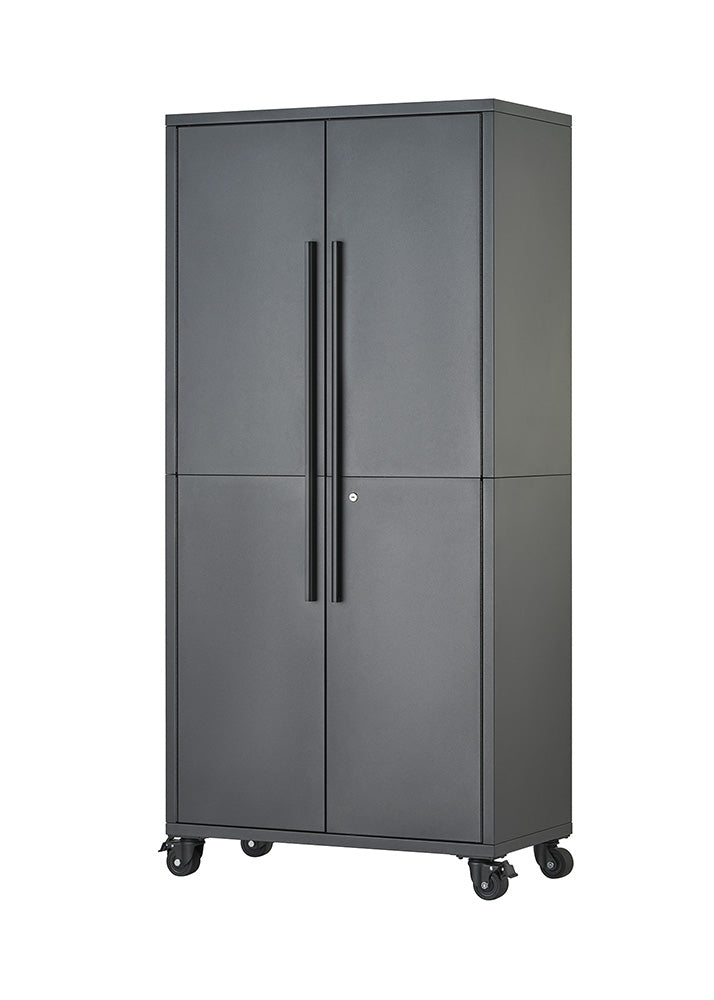 A closed dark gray steel storage cabinet featuring long vertical handles and a lock mechanism stands isolated on a solid white background. Mounted on four smooth-rolling caster wheels, the heavy-duty cabinet offers sleek, mobile storage for home or workshop space.