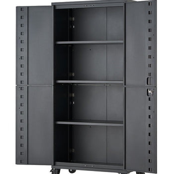 An open, empty dark gray steel storage cabinet features three adjustable interior shelves set against a solid white background. Equipped with four smooth-rolling caster wheels, the mobile cabinet displays fully opened double doors showing its interior storage compartments.