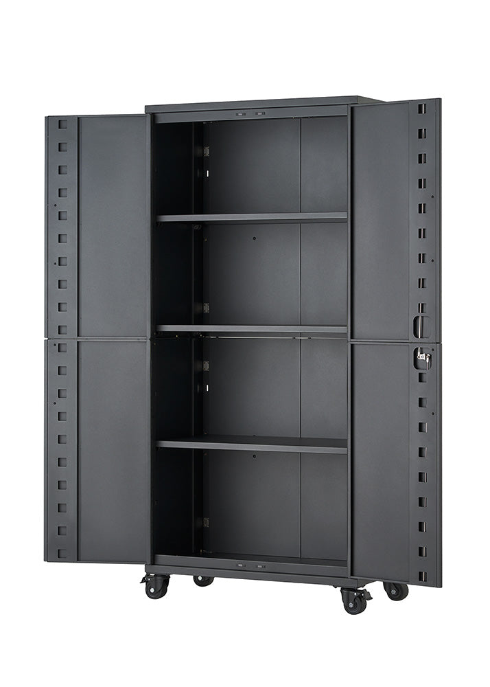 An open, empty dark gray steel storage cabinet features three adjustable interior shelves set against a solid white background. Equipped with four smooth-rolling caster wheels, the mobile cabinet displays fully opened double doors showing its interior storage compartments.