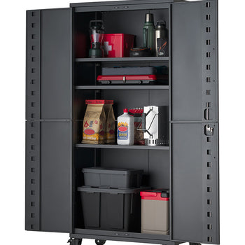 A tall, open dark gray steel storage cabinet features four interior shelves filled with organized outdoor gear, including camping supplies, a first aid box, lanterns, bottles, and storage totes. Mounted on smooth caster wheels, the heavy-duty cabinet has double doors that swing open wide to display ample storage space.