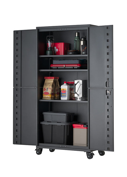 A tall, open dark gray steel storage cabinet features four interior shelves filled with organized outdoor gear, including camping supplies, a first aid box, lanterns, bottles, and storage totes. Mounted on smooth caster wheels, the heavy-duty cabinet has double doors that swing open wide to display ample storage space.