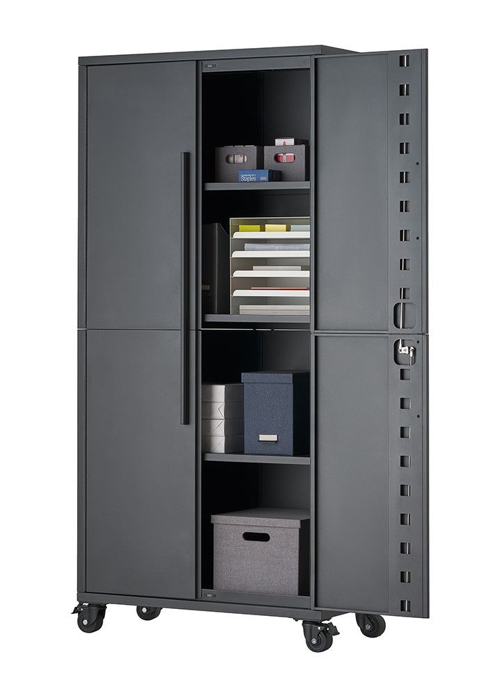 A dark gray steel storage cabinet on caster wheels is shown with one side door wide open, revealing organized office and paper supplies. The internal shelving holds small storage bins, a document paper sorter, filing boxes, and a fabric bin on a plain white background.