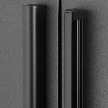 A close-up shot highlights the sleek, matte black vertical door handles mounted on a dark gray powder-coated steel cabinet. The detailed view showcases the modern, ergonomic handle design and clean textured finish.