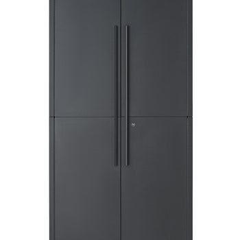A closed dark gray steel storage cabinet with long vertical door handles and a center lock set is shown from a straight front view on a white background. Mounted on four caster wheels, the mobile cabinet offers a sleek, minimal, and secure design for home or office storage.