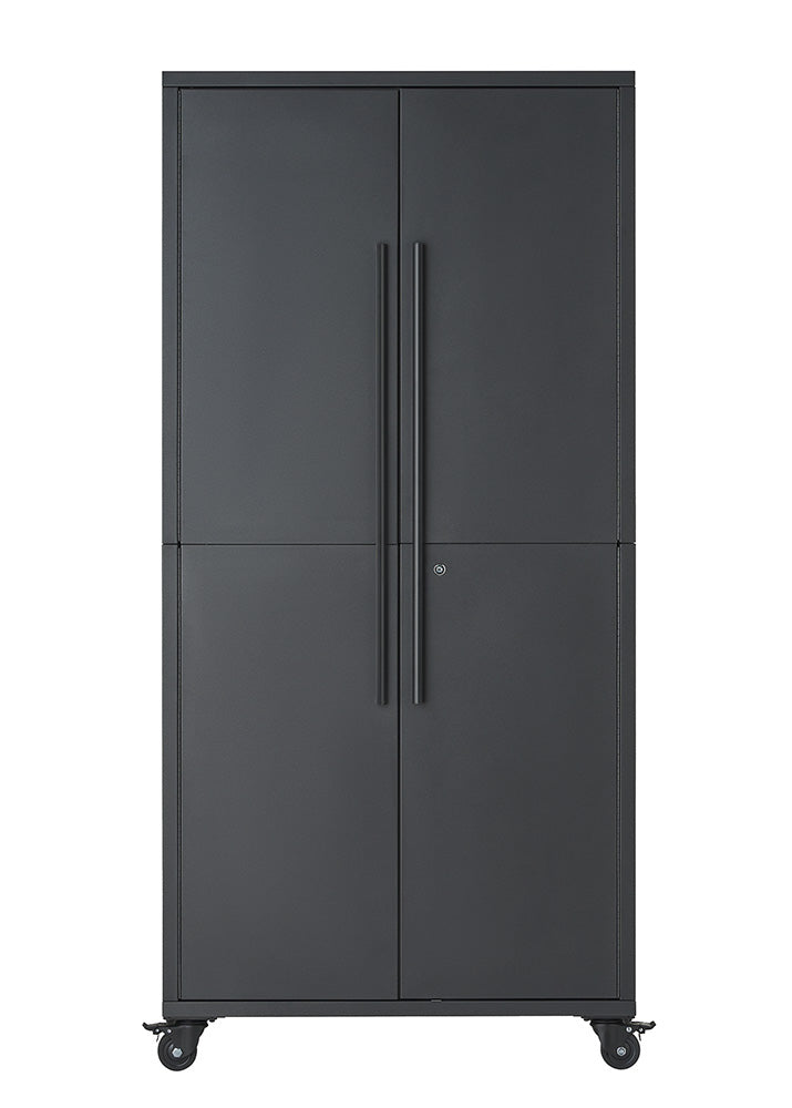 A closed dark gray steel storage cabinet with long vertical door handles and a center lock set is shown from a straight front view on a white background. Mounted on four caster wheels, the mobile cabinet offers a sleek, minimal, and secure design for home or office storage.