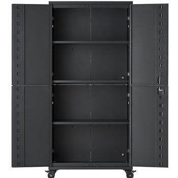 An open, empty dark gray steel storage cabinet is shown from a straight front view against a white background. Mounted on caster wheels, the cabinet features four interior compartments divided by shelves and double doors that swing wide open.