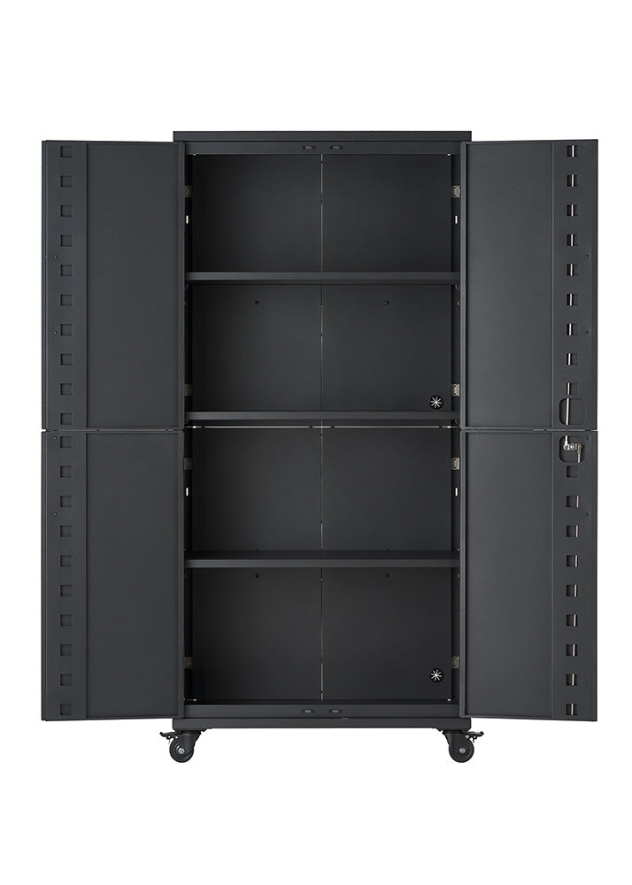 An open, empty dark gray steel storage cabinet is shown from a straight front view against a white background. Mounted on caster wheels, the cabinet features four interior compartments divided by shelves and double doors that swing wide open.