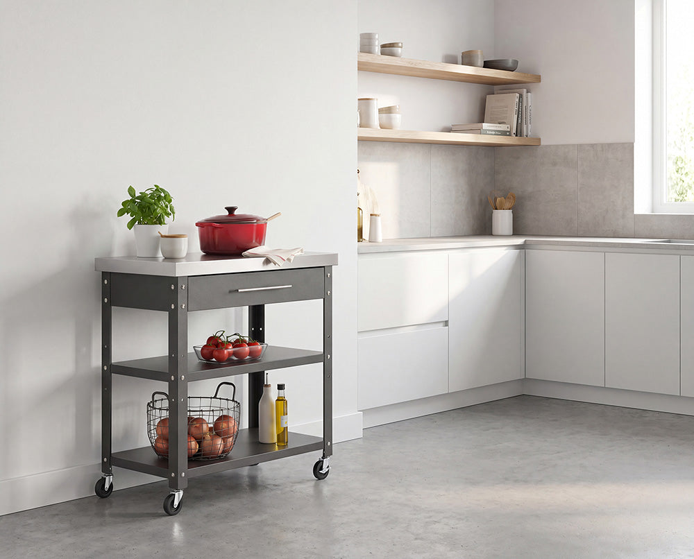 A dark gray rolling kitchen island with a stainless steel top stands against a plain white wall in a modern, sunlit kitchen. The cart is styled with a potted plant and a red Dutch oven on top, fresh tomatoes and onions on its lower shelves, and sits next to white minimalist cabinetry and open wooden shelving.