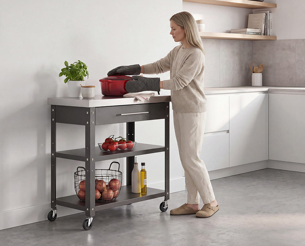 A blonde woman wearing a neutral sweater, matching trousers, and oven mitts adjusts a red Dutch oven on a dark gray rolling kitchen cart. The cart features a stainless steel countertop, a single top drawer, and open shelves holding fresh produce and cooking oils in a bright, modern kitchen setting.