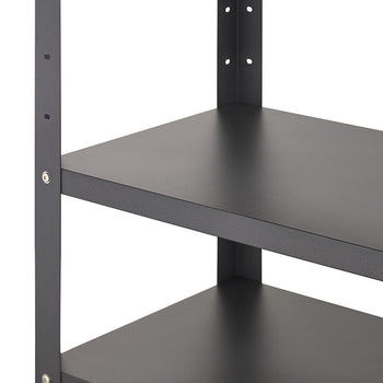 A close-up view highlights the open shelving levels of a dark gray metal kitchen cart against a white background. The image details the smooth, powder-coated shelf surfaces and the pre-drilled assembly holes on the vertical support posts.