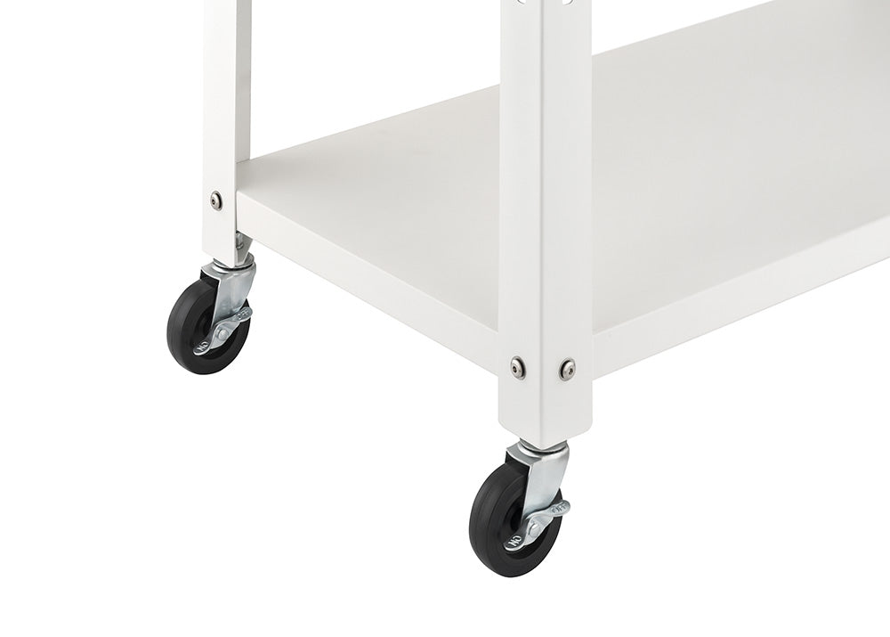 A close-up view highlights the bottom corner of a white kitchen cart set against a plain background. The image details the white metal frame and lower shelf assembled with silver screws, supported by black swivel caster wheels with locking brakes.