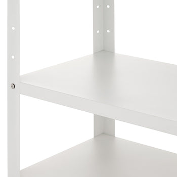A close-up view highlights the open shelving levels of a white kitchen cart against a plain background. The image shows smooth, white shelf surfaces attached to vertical support posts with pre-drilled assembly holes.