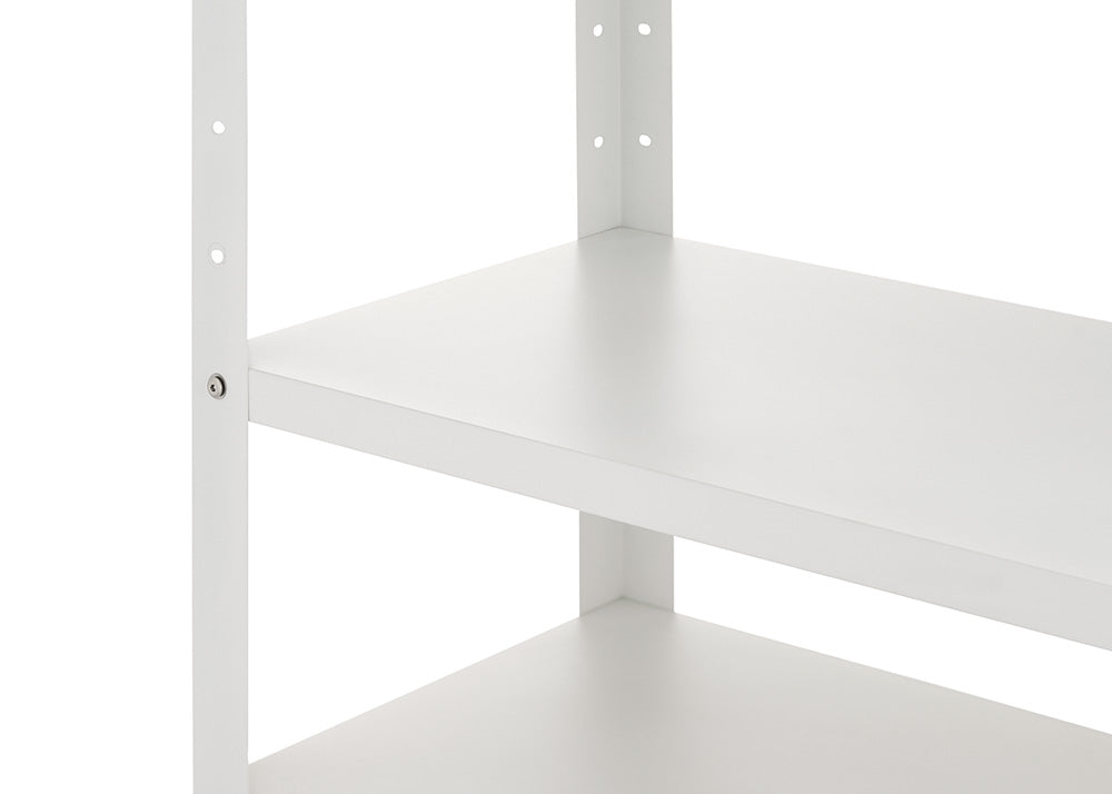 A close-up view highlights the open shelving levels of a white kitchen cart against a plain background. The image shows smooth, white shelf surfaces attached to vertical support posts with pre-drilled assembly holes.