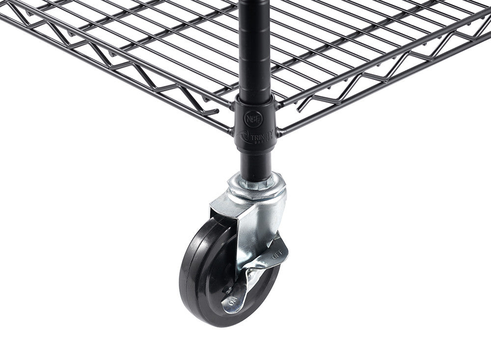 A close-up shot of a black caster wheel attached to a wire shelving unit. The caster is black with a silver housing, and the shelving unit is made of black wire.