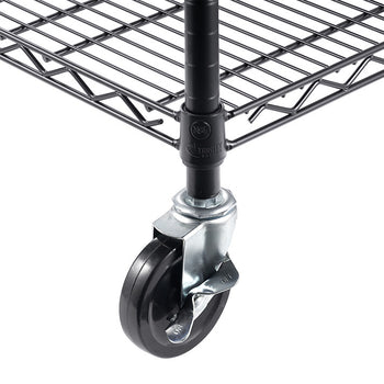 A close-up shot of a black caster wheel attached to a wire shelving unit. The caster is black with a silver housing, and the shelving unit is made of black wire.