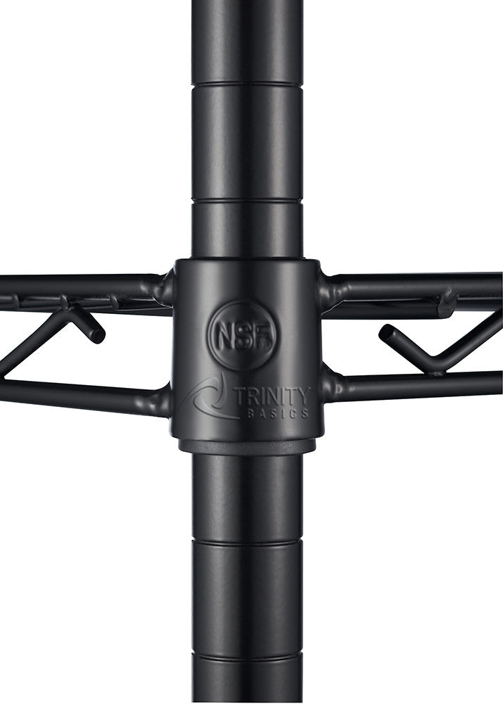 A close-up shot of a black metal shelving unit connection shows the vertical pole meeting a horizontal shelf. The connection features the NSF logo and "TRINITY BASICS" embossed on it, indicating its brand and certification.