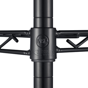 A close-up shot of a black metal shelving unit connection shows the vertical pole meeting a horizontal shelf. The connection features the NSF logo and 