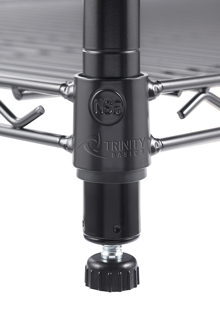 A close-up shot of the bottom of a black metal shelving unit leg shows a circular foot adjuster. The leg has "TRINITY BASICS" and an "NSF" logo embossed on it.