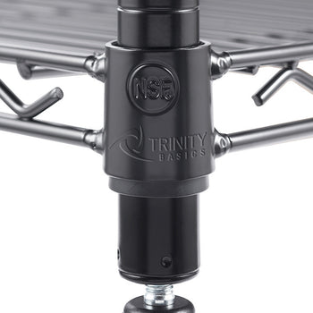 A close-up shot of the bottom of a black metal shelving unit leg shows a circular foot adjuster. The leg has 
