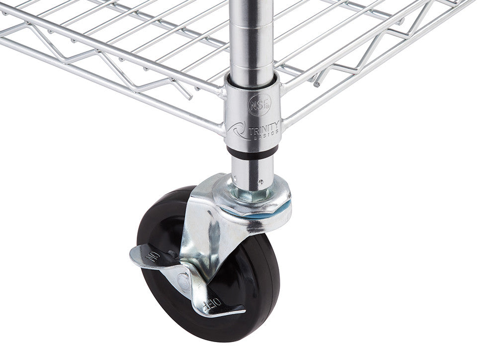 A close-up shows the bottom of a chrome wire shelving unit leg with a black wheel attached. The wheel has a silver brake lever in the "off" position.