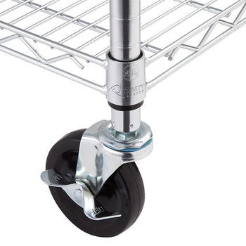 A close-up shows the bottom of a chrome wire shelving unit leg with a black wheel attached. The wheel has a silver brake lever in the 